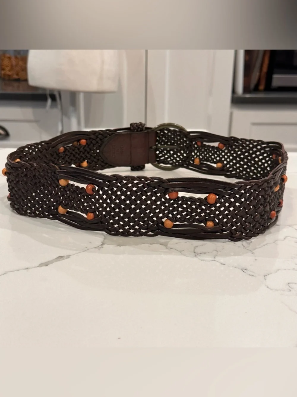 Unbranded Brown Wide Beaded Braided Leather Waist Belt Women M Hippie Boho Woven